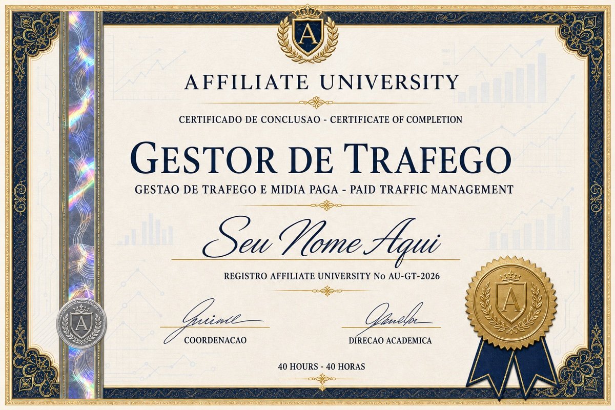 Certificado de conclusão Traffic Manager / Gestor de Tráfego emitido pela Affiliate University, estilo documento de segurança com selo dourado e faixa holográfica