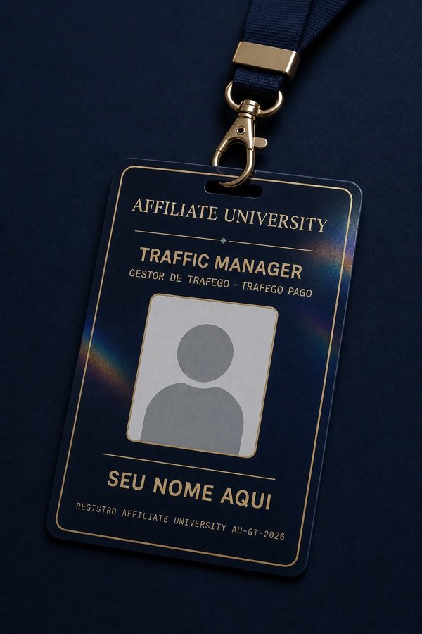 Crachá profissional de Gestor de Tráfego com identificação numerada emitida pela Affiliate University