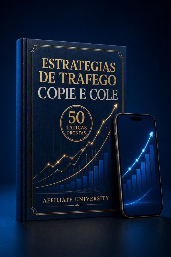 E-book Estratégias de Tráfego — 50 táticas copie e cole, ao lado de um smartphone com painel de métricas