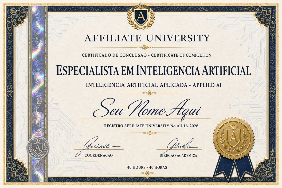 Certificado de conclusão do curso Especialista em Inteligência Artificial, emitido pela Affiliate University, com selo dourado e detalhes em ciano