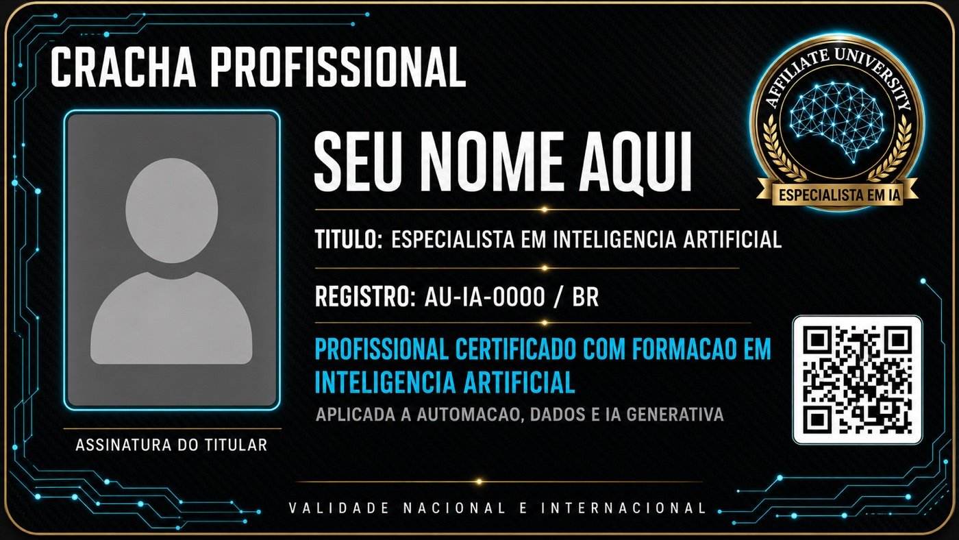Crachá profissional de Especialista em Inteligência Artificial, cartão com registro numerado, QR e selo da Affiliate University