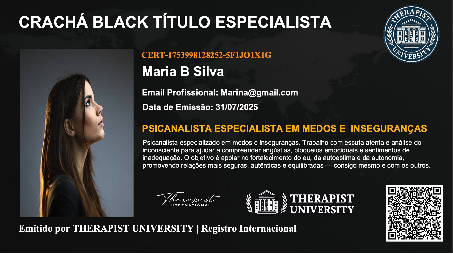 Crachá Black Título Especialista - Certificado digital profissional com QR Code e registro internacional
